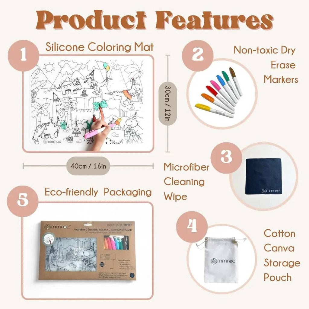 Dino Party - Silicone Reusable Coloring Mat & Markers Set