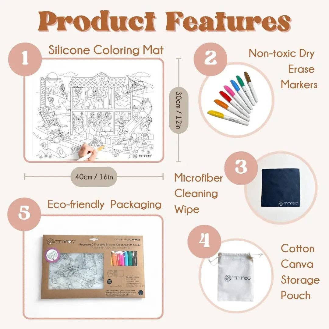 Doll Dream House - Silicone Reusable Coloring Mat & Markers Set