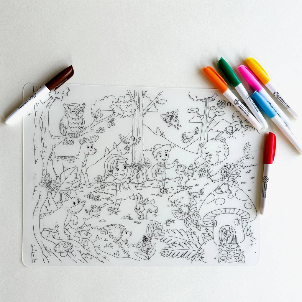 Enchanted Forest - Silicone Reusable Coloring Mat & Markers Set